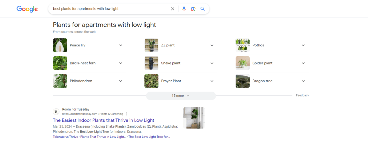 A Google search for “best plants for apartments with low light” yields different types of results with images placed alongside them. The first is a From sources across the web section, it’s titled “Plants for apartments with low light”, and there are 9 results. Below it is an organic search result from the Room for Tuesday website. The post is called “The Easiest Indoor Plants that Thrive in Low Light” and there’s a thumbnail image to the right of it.