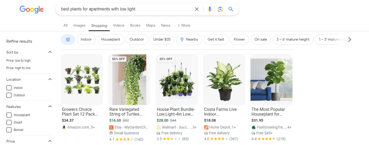 A Google Shopping search for “best plants for apartments with low light”. We see one row of results containing different types of potted plants, their sources (like Amazon, Etsy, and Walmart), as well as ratings and special features.