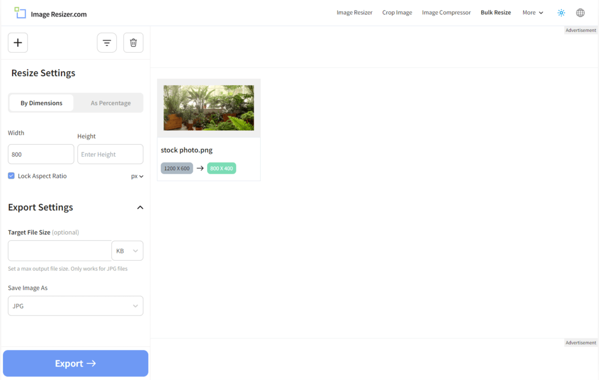 A look at the Resize Settings tool inside the Image Resizer.com app. There’s a stock photo that’s 1200px by 600px uploaded. The user can change the Width and Height dimensions as well as the target file size and file format.