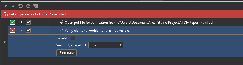 Test fails. 1 passed out of 2 executed - Verify FooElement is not visible - failed