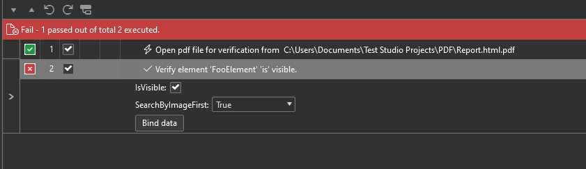 Test fails. 1 passed out of 2 executed - Verify element FooElement is visible - did not pass