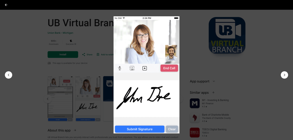 A screenshot from the UB Virtual Branch mobile app page. It shows what the virtual branch of the bank looks like. There is a female customer service representative in the top-third of the screen with a man in the inset. Below it are three icons to mute the microphone, block the camera, and to hide the video screens at the top. There’s also a pink “End Call” button on the right. The bottom part of the screen is a touchscreen where the user can write their signature along with a blue “Submit Signature” button and a grey “Clear” one.