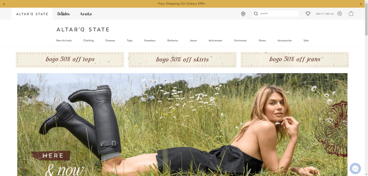 On the Altar’d State website, there are three BOGO offers that appear below the main navigation: BOGO 50% off tops, BOGO 50% off skirts, BOGO 50% off jeans.