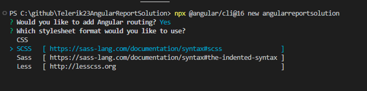 Would you like to add Angular routing? Yes. Which stylesheet format would you like to use? SCSS.