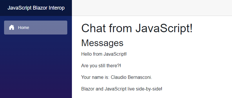 A Blazor Server web application showing a title and four chat messages: Hello from JavaScript! Are you still there?! Your name is: Claudio Bernasconi. Blazor and JavaScript live side-by-side!