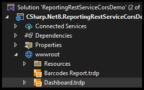 File explorer with Solution ReportingRestServiceCorsDemo' : CSharp.Net8.ReportingRestServiceCors... - wwwroot - Dashboard.trdp