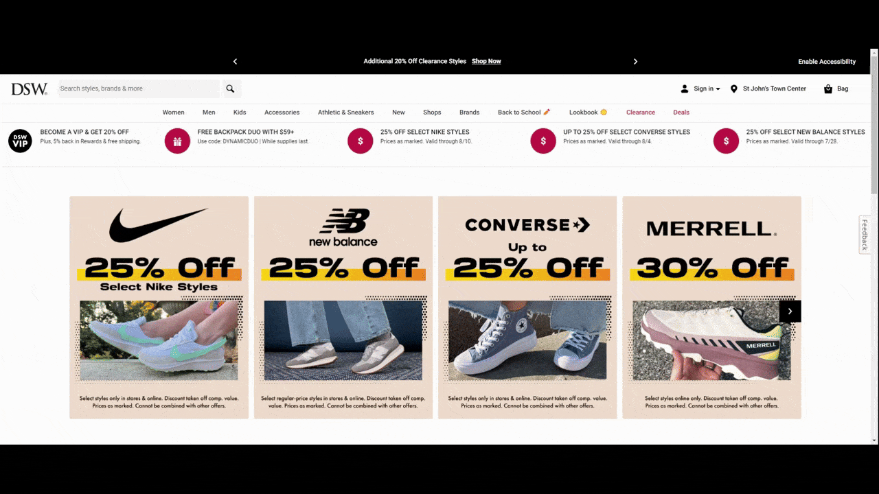 On the DSW website, there is a carousel of offers that appears beneath the navigation. The background is white, the text is black, and the icons are red in each individual block. The users use the black appear that appears at the left and right ends of the carousel to flip through each of the offers.