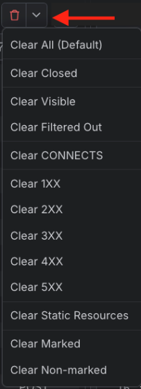 Trash can icon has a down arrow icon beside it. This opens the clear menu dropdown.