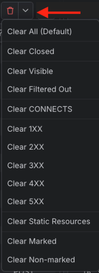 Trash can icon has a down arrow icon beside it. This opens the clear menu dropdown.