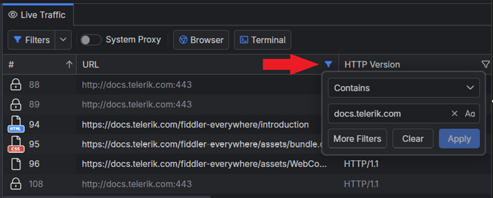 Fiddler Everywhere URL column filter for contains docs.telerik.com