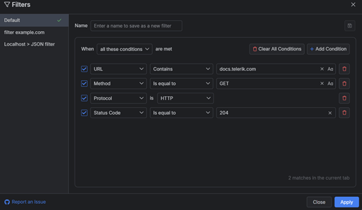 Filter conditions in Fiddler Everywhere