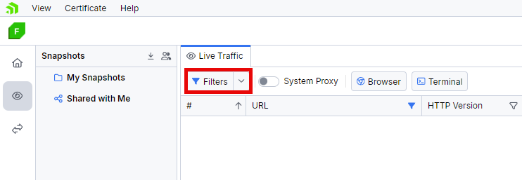 Filters button on Fiddler Everywhere