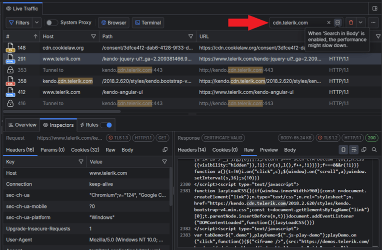 Fiddler search tooltip says 'when search in body is enabled, the performance might slow down. User has entered cdn.telerik.com