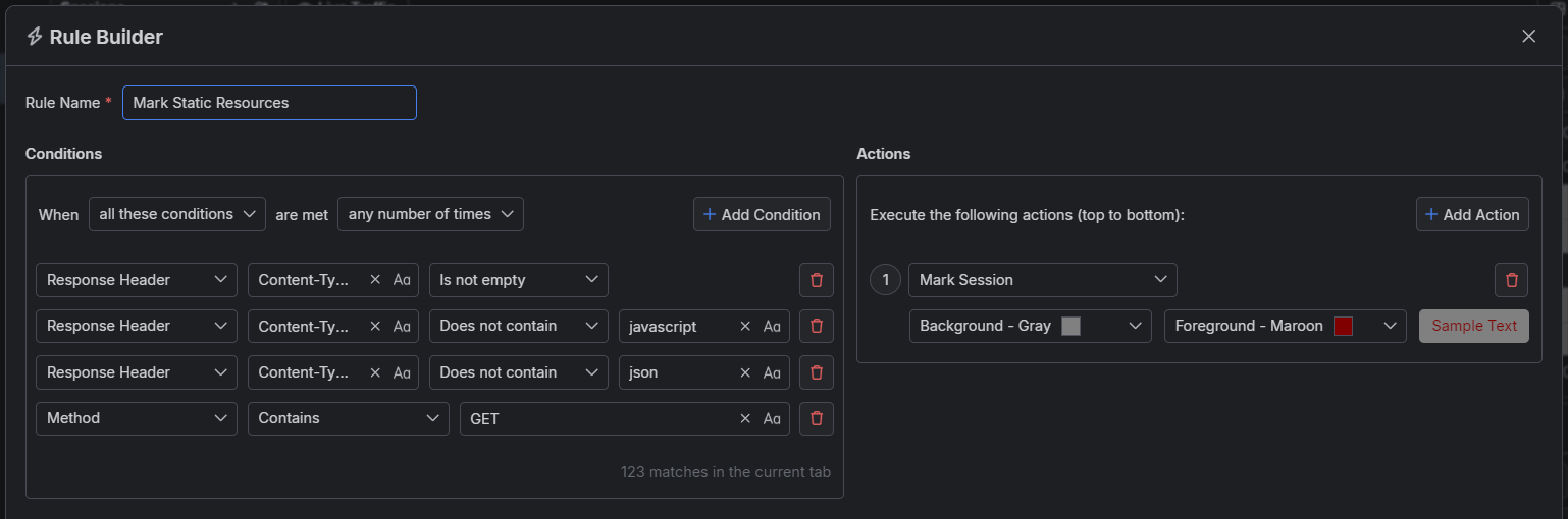 Rule Builder window with Rule Name: Mark Static Resources