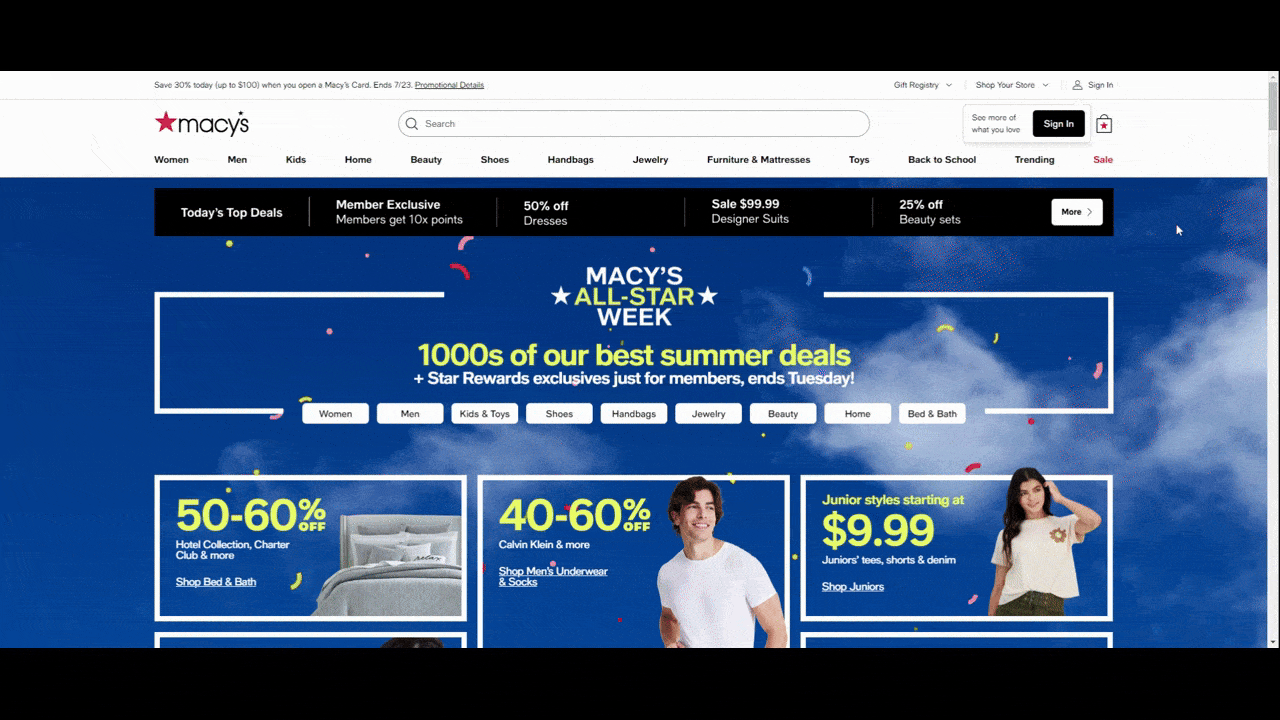 On the Macy’s home page is a hero section dedicated to current All-Star Week sales like 50-60% off Hotel Collection and 40-60% off Calvin Klein. There is a colorful confetti animation that appears over the hero section a few seconds after the page loads. As they scroll down the page, the blue hero section full of deals doesn’t end right away. In addition, there’s a scrolling animation that appears with free shipping info.