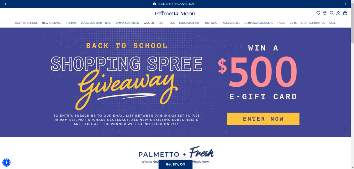 On the Palmetto Moon home page, there is a Back to School Shopping Spree Giveaway advertised in the home page hero action. Shoppers are invited to “Enter Now” to win a $500 e-gift card.