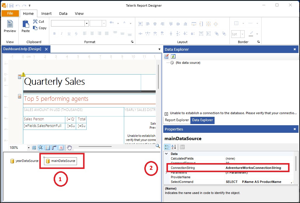 In Telerik Report Designer: 1. mainDataSource 2. ConnectionString - AdventureWorksConnectionString