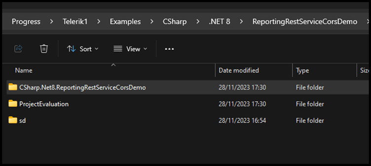 File Explorer with path Progress - Telerik1 - Examples - CSharp - .NET 8 - ReportingRestServiceCorsDemo, CSharp.Net8.ReportingRestServiceCorsDemo folder.