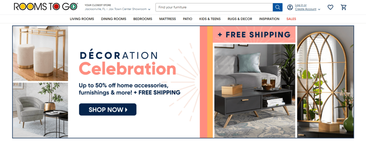 On the Rooms To Go website, there is a red “SALES” link at the end of the navigation. Before it are links to Living Rooms, Dining Rooms, Bedrooms, Mattress, Patio, Kids & Teens, Rugs & Decor, Inspiration.