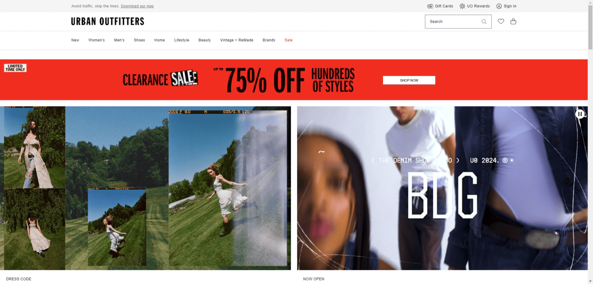 On the Urban Outfitters home page, there is a big red sale notification banner just below the navigation. It reads “Clearance Sale - Up To 75% Off Hundreds of Styles”. There is a white Shop Now button next to the offer.