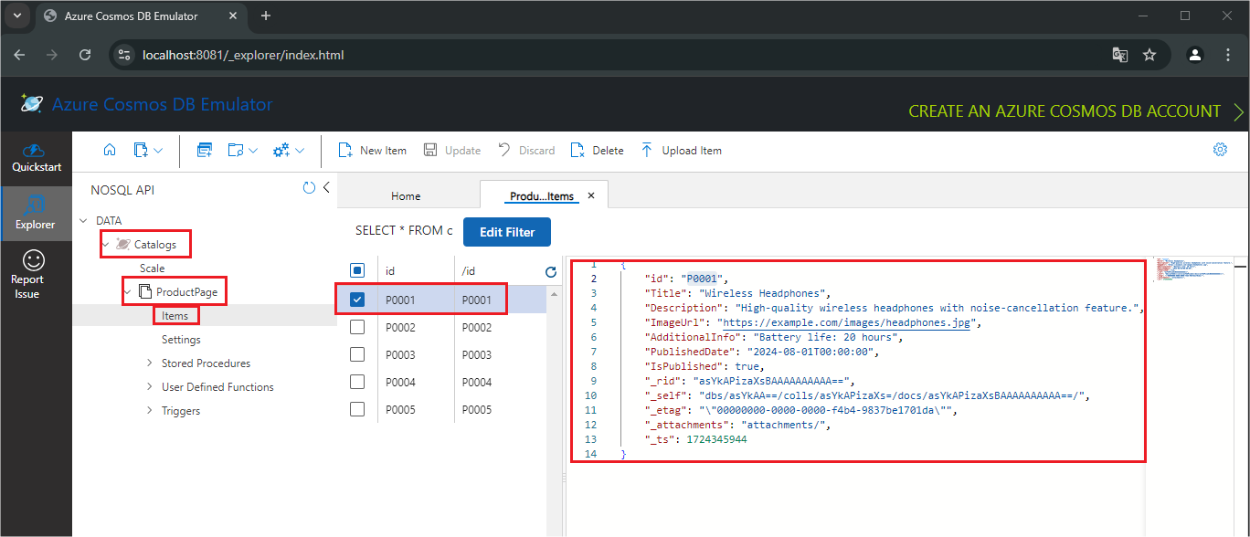 Accessing data in Cosmos DB emulator