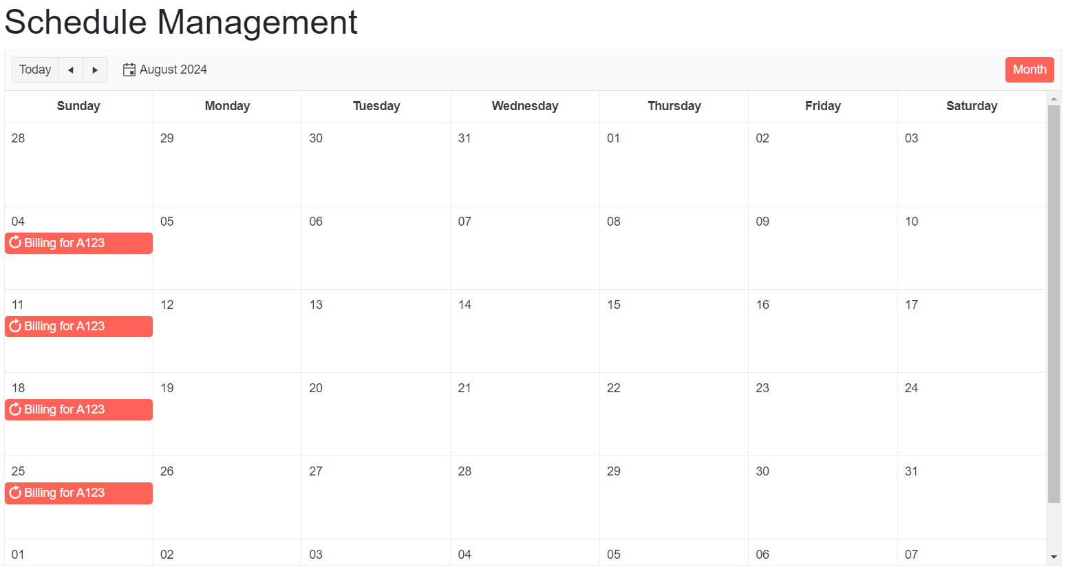 The Blazor Scheduler UI in month view, showing a payment due on each Sunday in the schedule.