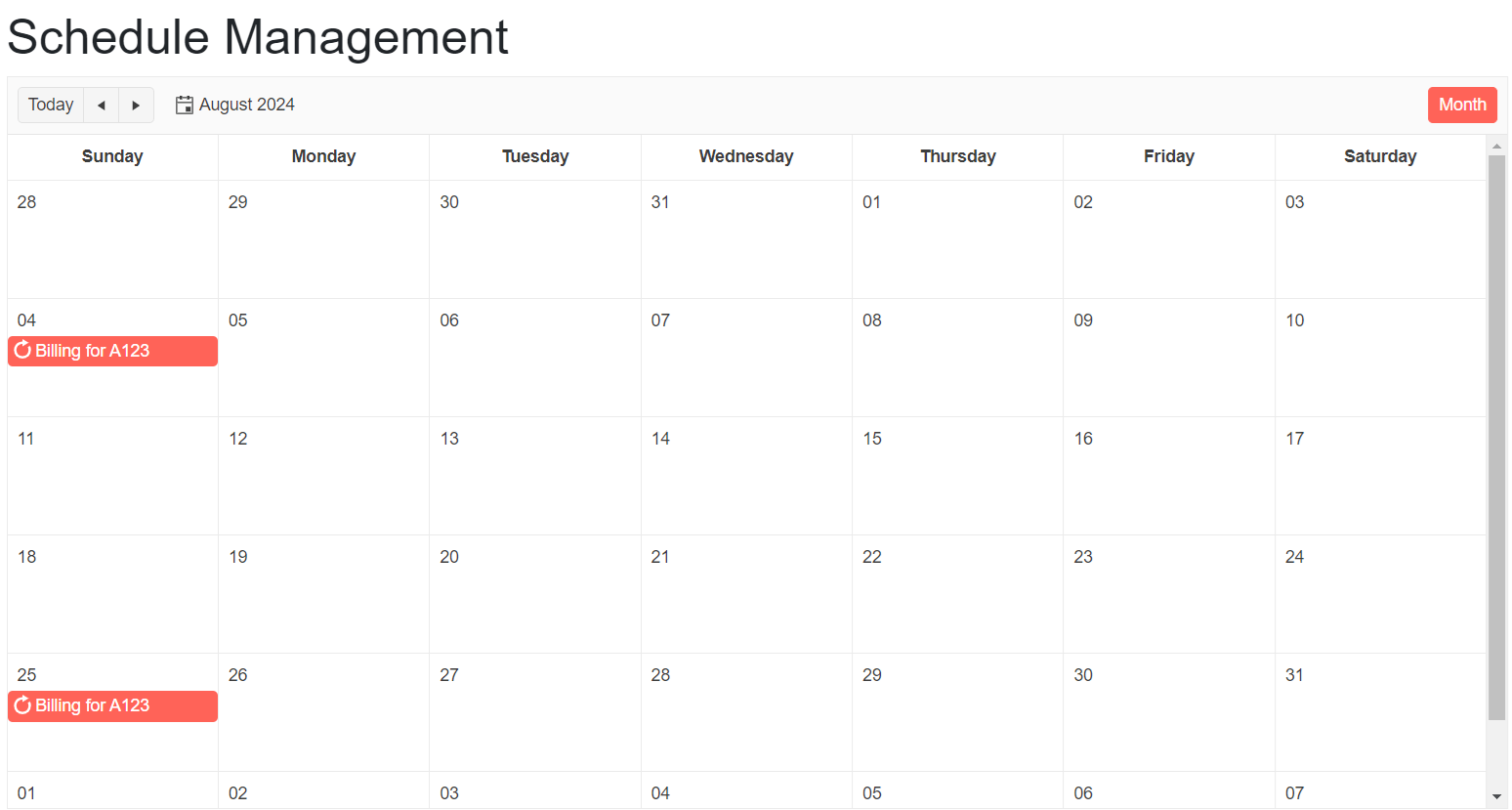 The Blazor Scheduler UI in month view, showing a payment due on some of the Sundays in the schedule – the second and third Sundays don’t have payments any more