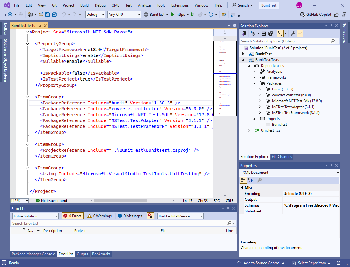 Visual Studio project setup with a BunitTest Blazor web application project and a BunitTest.Tests test project. We see the installed bunit package and the content of the BunitTest.Tests.csproj file.