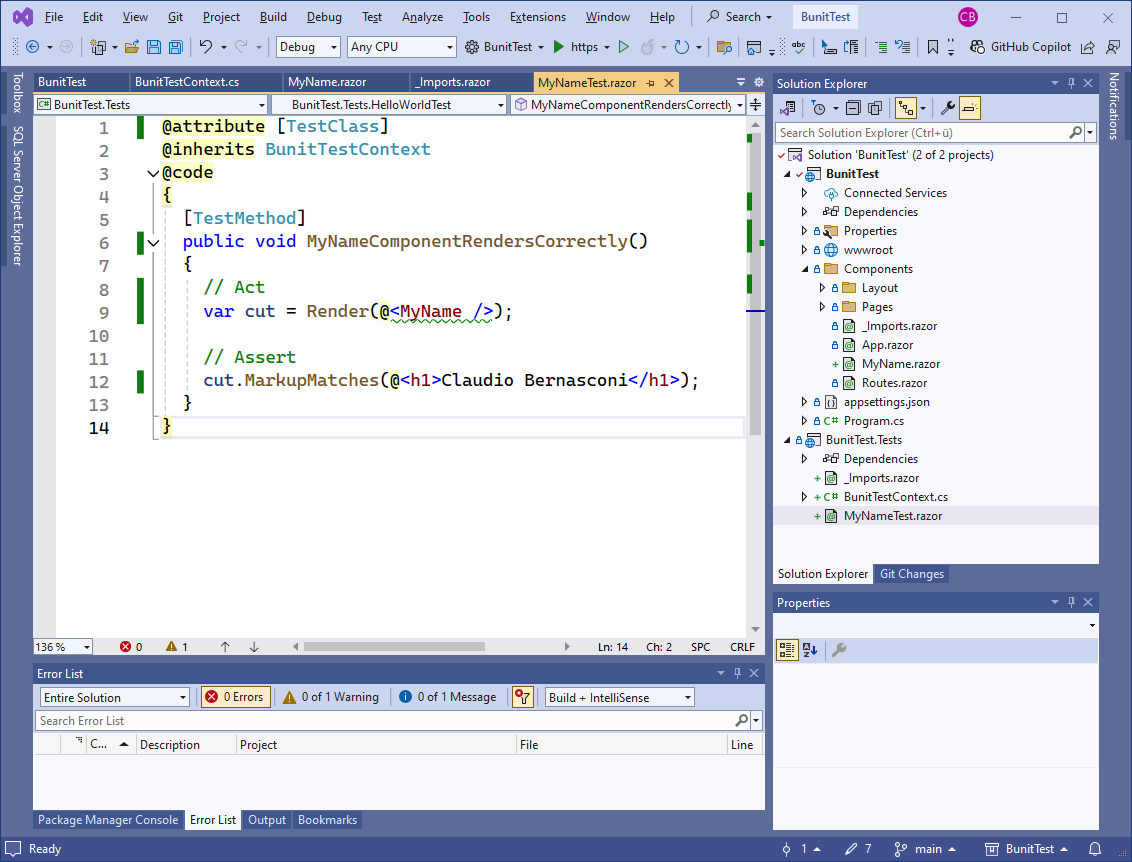 The implementation of the MyNameTest file inside Visual Studio and the Solution Explorer showing the involved files: MyNameTest.razor, _Imports.razor in the test project and MyName.razor in the Blazor web application project.