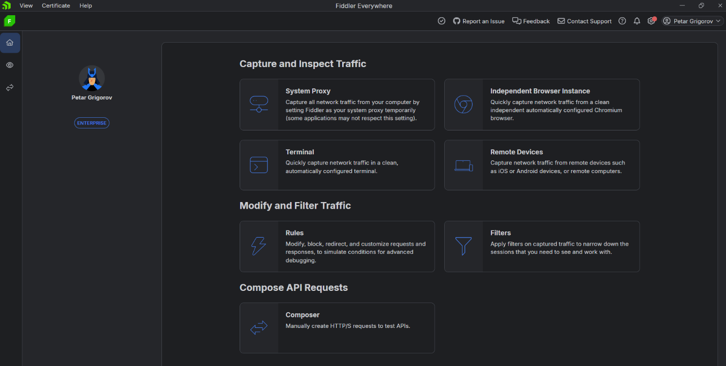 Fiddler Everywhere dashboard