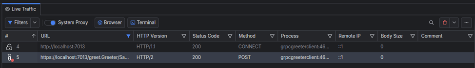 Fiddler Live Traffic tab listing has a red dot beside the URL