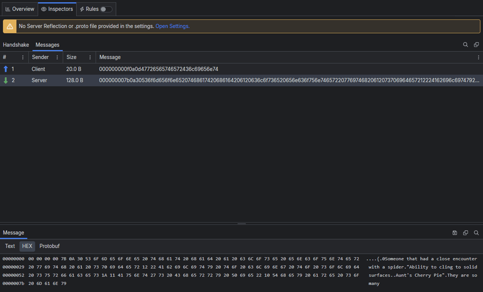 Fiddler Messages tab has text, HEX, Protobuff