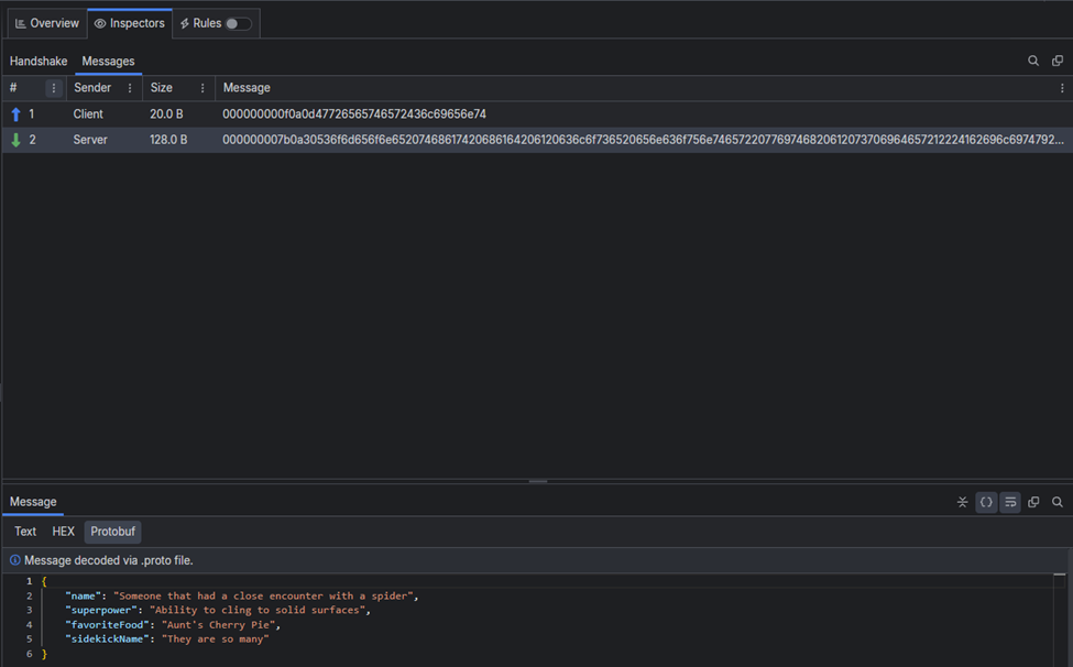 Fiddler Messages open to the Protobuf tab. Message decoded via .proto file