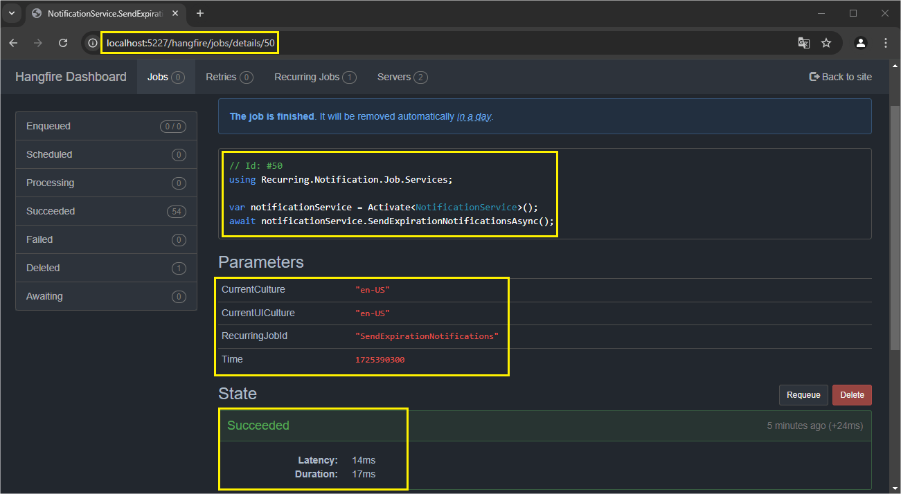 Recurring job dashboard details