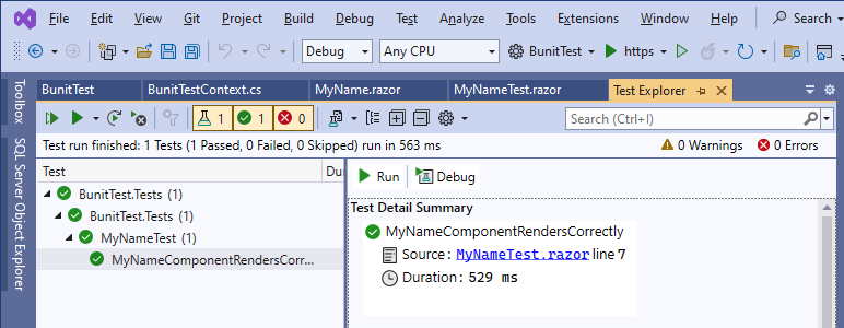 The Visual Studio Test Explorer showing the successful execution of the MyNameComponentRendersCorrectly test.