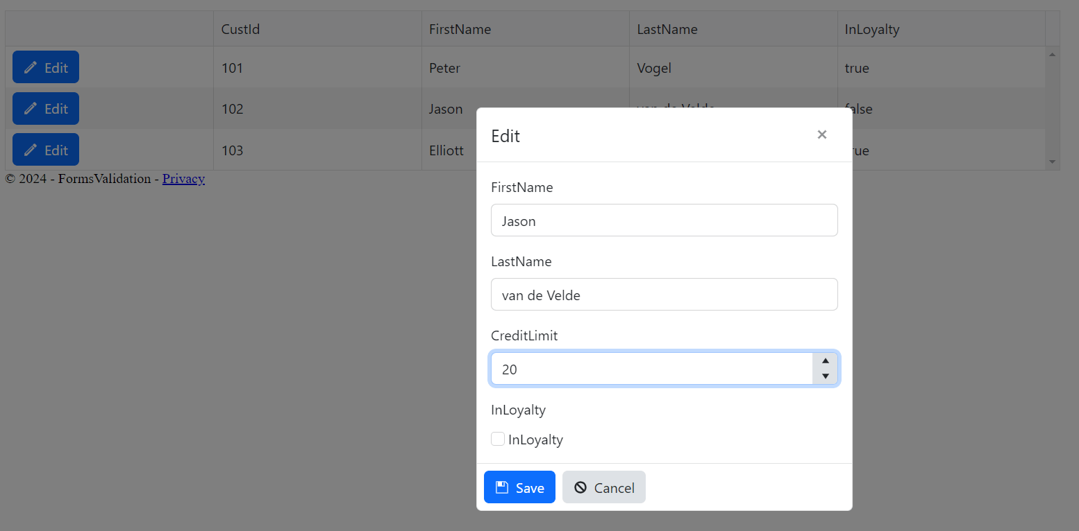 The grid from the previous screenshots but the page it is on is grayed out (disabled). A dialog box is displayed over top of the page with controls for all of the columns in the grid except for the CustId column and a new Credit Limit column. All the fields are in edit mode