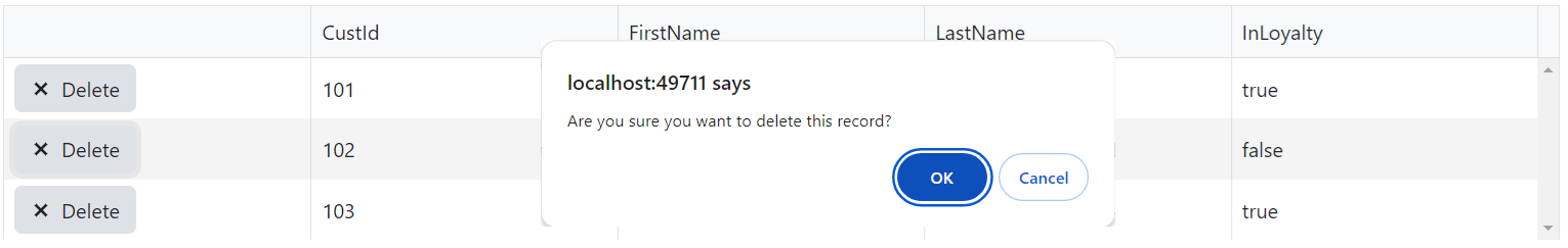 The grid from the previous screenshots with a new left hand column holding a gray cancel button with an icon of the letter x. A dialog box with OK and cancel buttons overlays the page with the text “Are you sure you want to delete this item?”