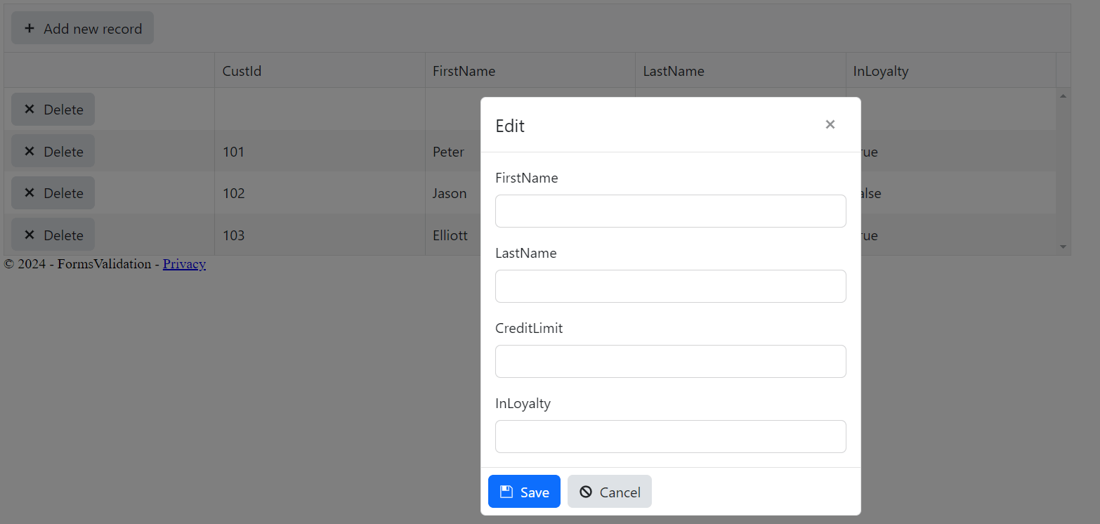 The grid with the Add new record button, with the page grayed out, and the dialog box showing all of the editable properties displayed but with no values in the input controls