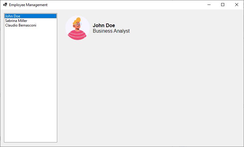 A WinForms application with a ListBox on the left and a Blazor component showing the first name, last name, and the role of an employee besides an avatar image. The background of the Blazor component matches the background of the WinForms application.