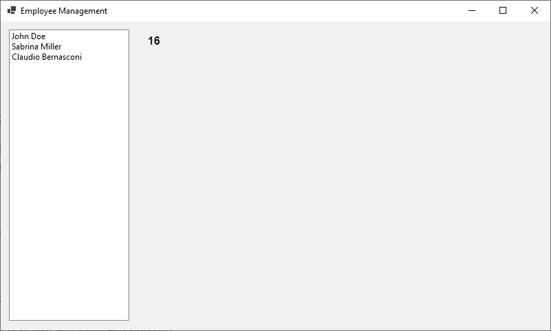 A WinForms application with a ListBox on the left and a Blazor component rendering a static value '16'.