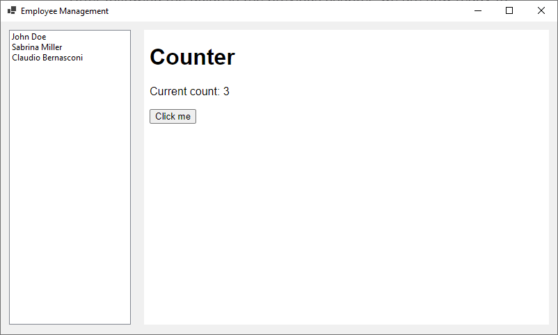 A WinForms application with a ListBox on the left and a Blazor component showing a counter and a button to increase the counter value.