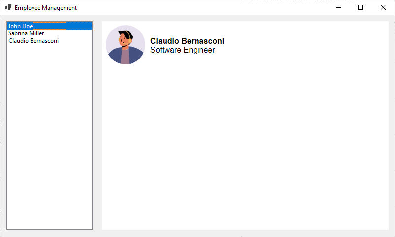 A WinForms application with a ListBox on the left and a Blazor component showing the first name, last name, and the role of an employee besides an avatar image.