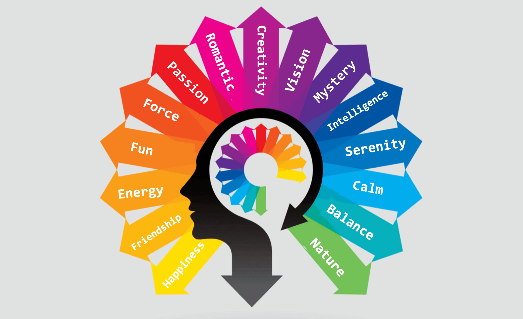 An illustration with a head silhouette and colors shooting out in wheel with associated feelings. Yellow says happiness, light orange fun, blue serenity, etc.