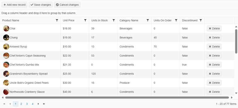 ASP.NET Core DataGrid showing a product list with filtering options and pagination