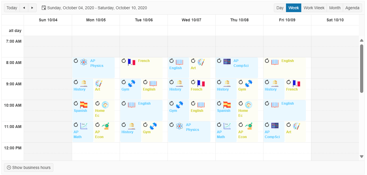 ASP.NET Core Scheduler with a class schedule showing icons