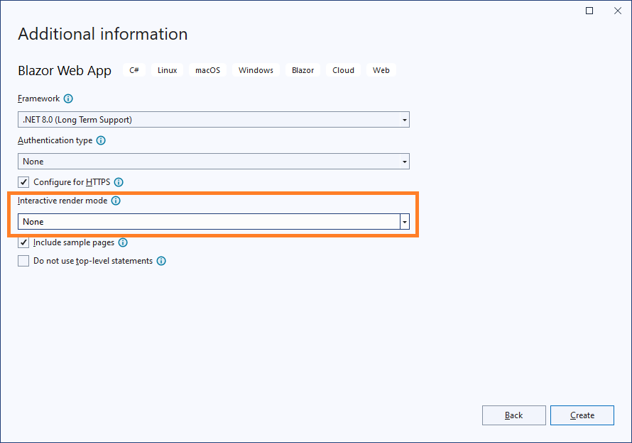 The project creation dialog of a Blazor Web App. The Interactive render mode is set to 'None'.