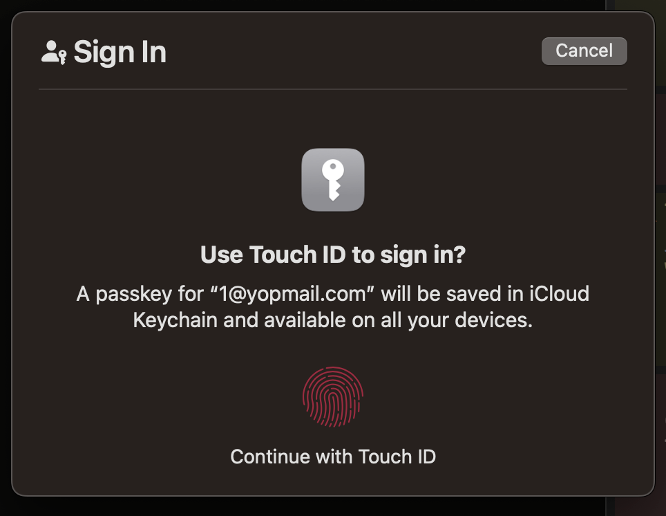 Browser modal for user touch ID