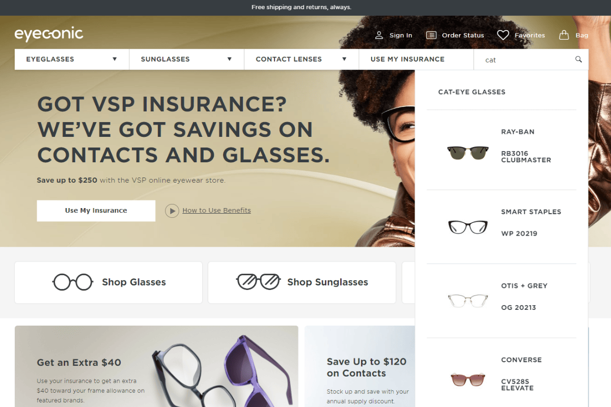 Using the search bar on the Eyeconic website, I search for “cat”. In the dropdown that appears, results auto-popular for Cat-eye Glasses, Ray-Ban Clubmaster, Smart Staples, Otis + Grey, and Converse Elevate.