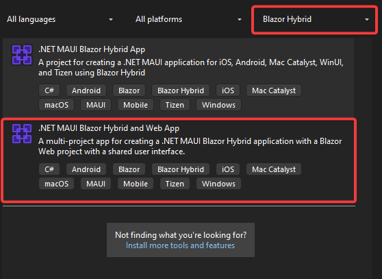 Filtering Blazor Hybrid templates in VS 2022