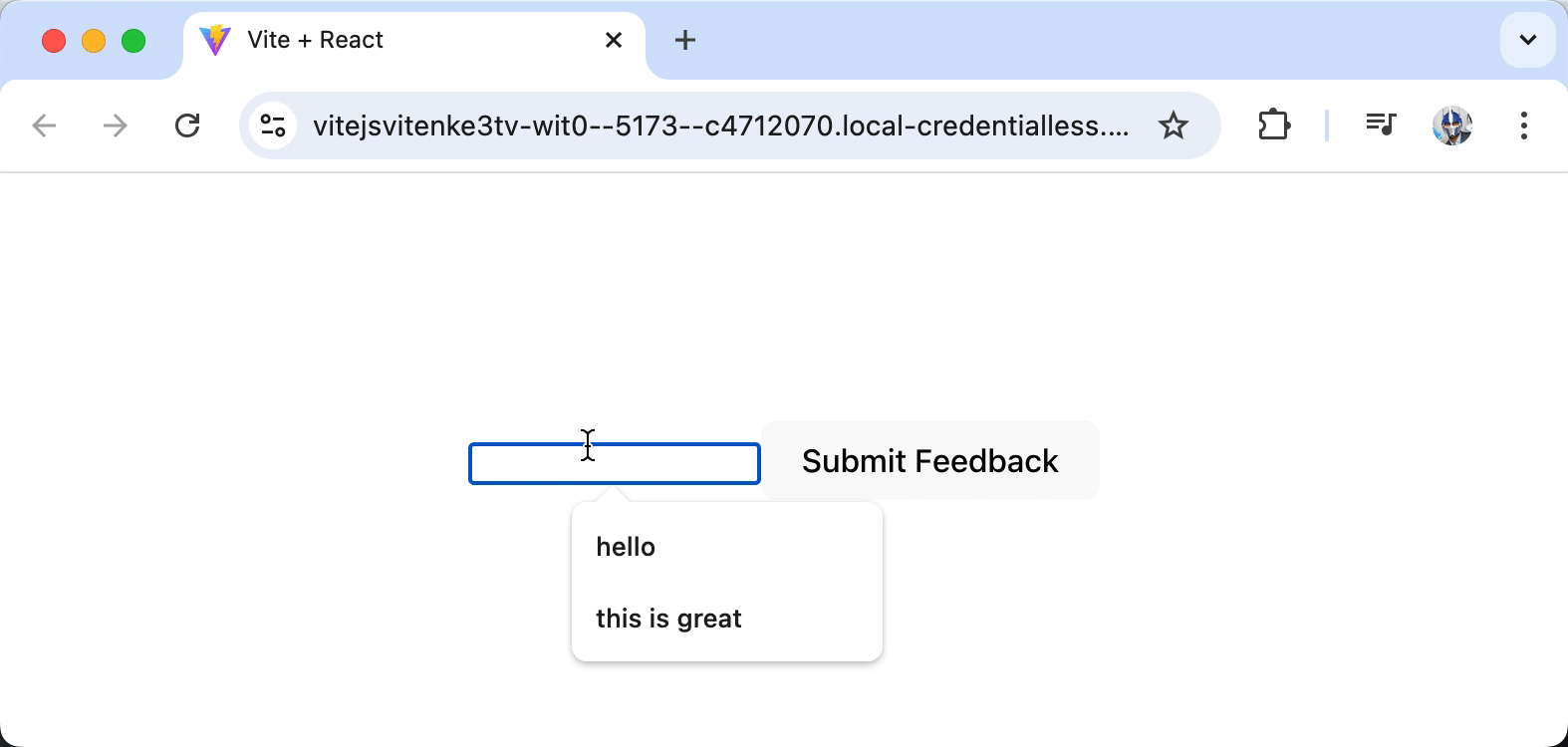 Feedback form shows what the user submitted